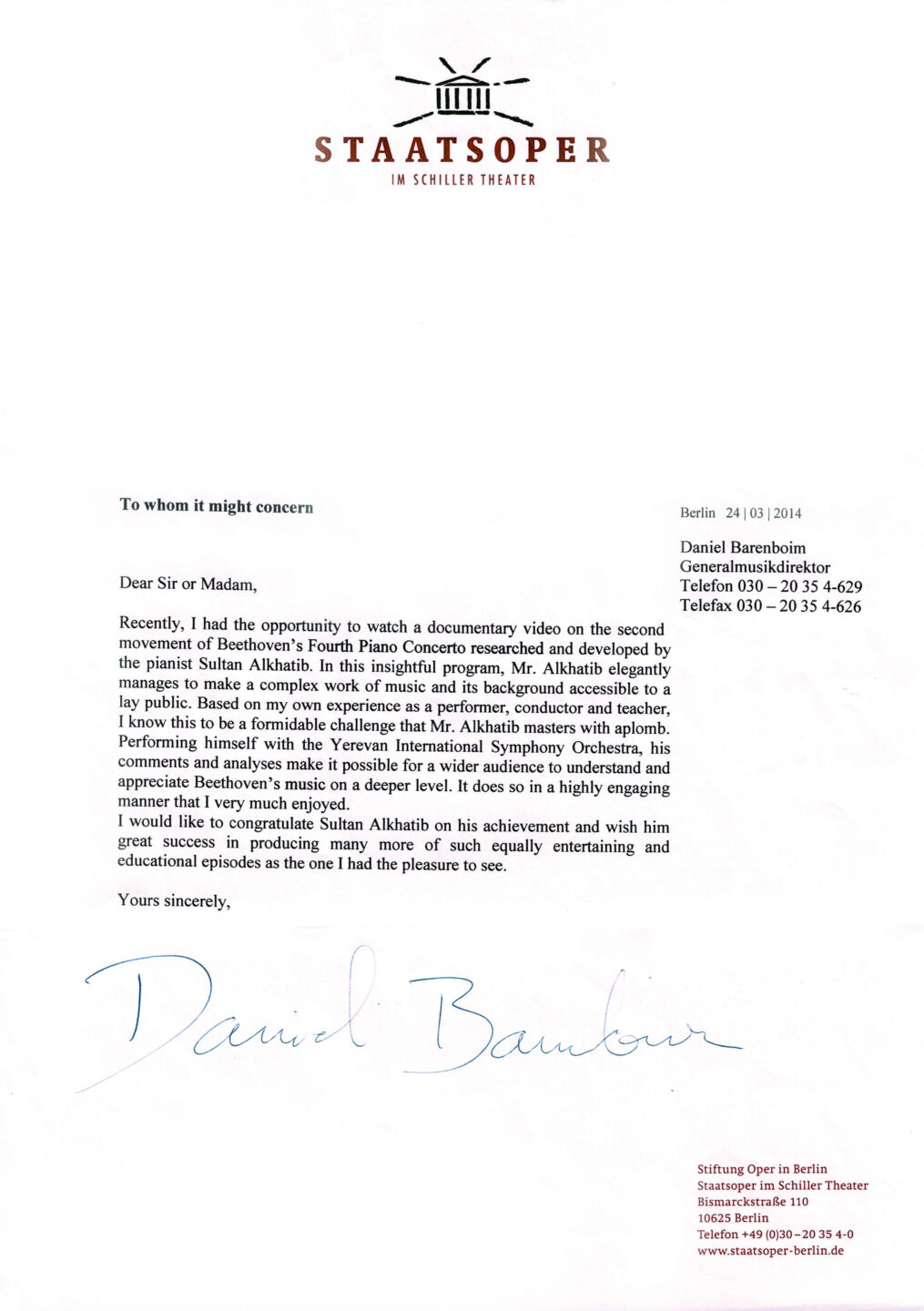 letter of appreciation from daniel barenboim daniel